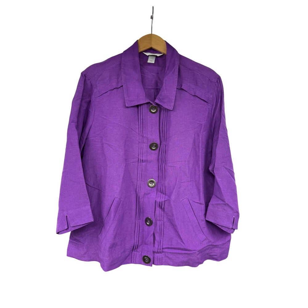 Christopher & Banks Petite Purple Linen Blend Pintuck Button Front Jacket P/XL